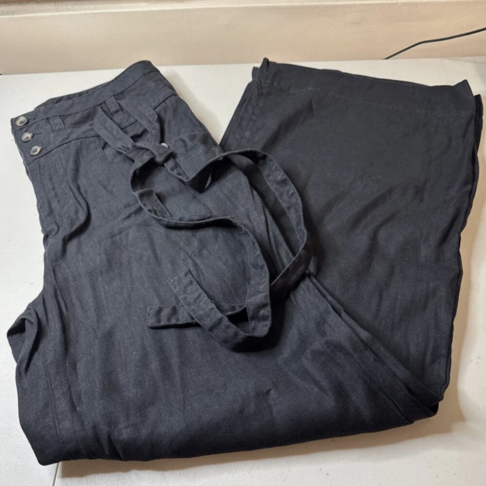 Anthropologie Womens Pants Black Linen Blend Tie Front High Waist Wide Leg sz 4